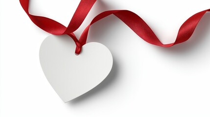 Heart shaped paper tag with ribbon on isolated white background.