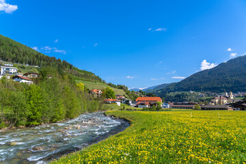 Idyllic view of the Wipptal valley with beautiful flowers and the Alps, at Steinach am Brenner near Innsbruck on the river side of Gschnitzbach in spring, Tyrol, Austria