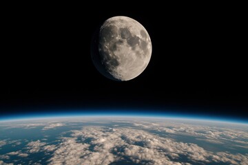 Detailed gibbous moon viewed from space above earths clouds