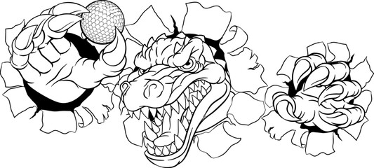 A crocodile, dinosaur or alligator lizard sports mascot holding a golf ball