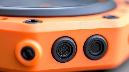 Fototapeta premium Close-up of an orange electronic device with black ports and securing screws