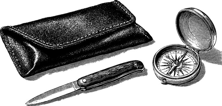 Vintage engraved set: pocket knife, compass, and leather case illustration for adventure and exploration themes