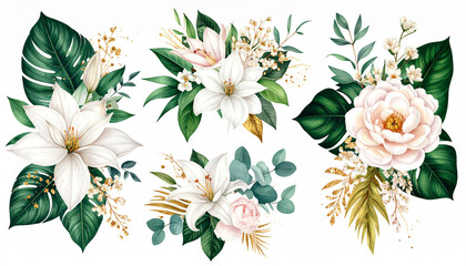 Obraz premium Set of isolated botanical bouquets in tropical wedding style with gold paint splashes, soft flowers.