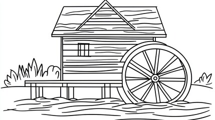 Simple black and white drawing of a watermill