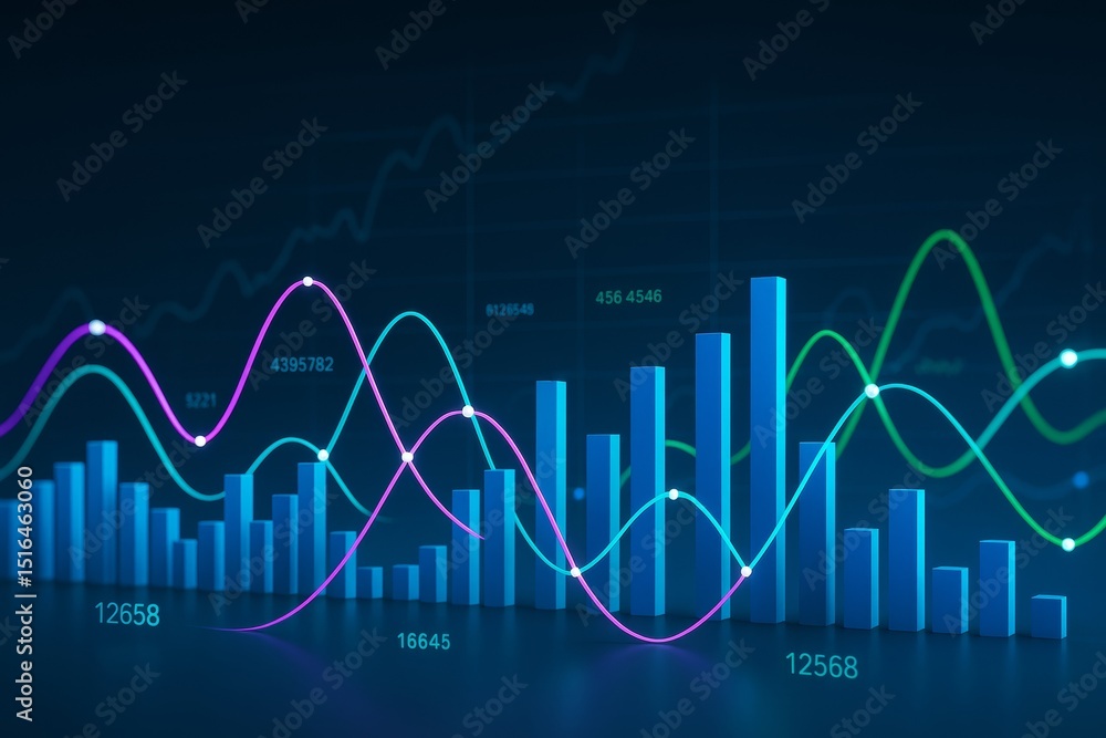 Poster Colorful abstract financial data graph with bar chart and neon light curves on dark business background. Ai generative.