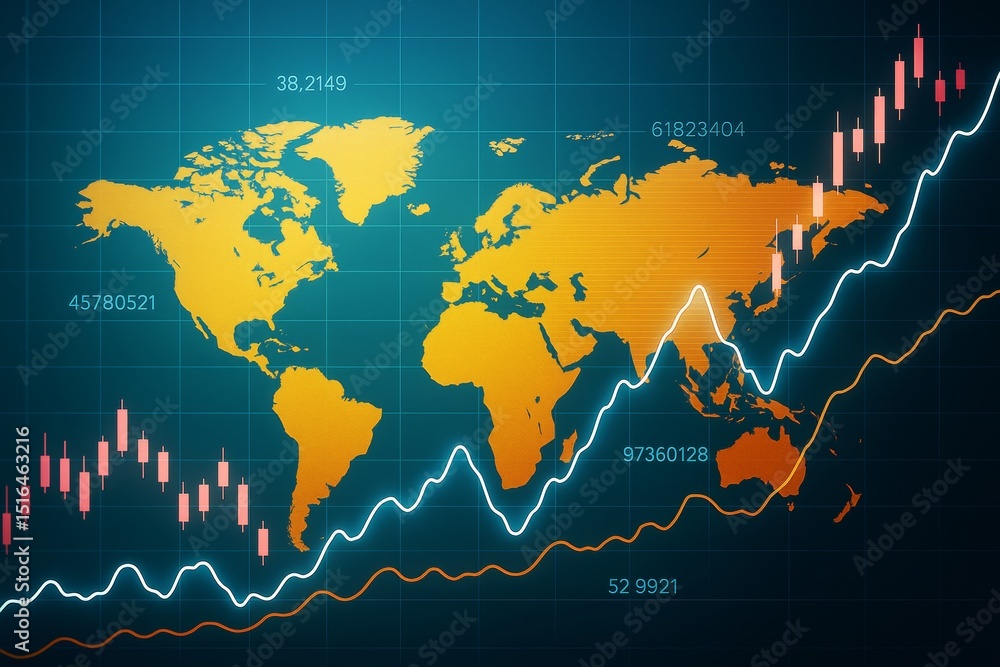 Poster Abstract world map with financial stock charts overlay in glowing light style on dark blue background representing global business analytics growth.