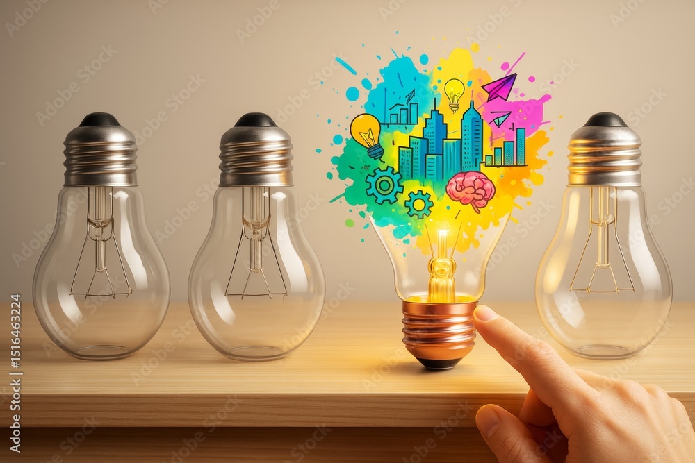 Poster creative business idea concept with colorful cityscape and icons emerging from one glowing light bul
