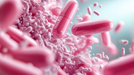 This visually striking 3D rendering showcases vibrant pink capsules and tiny bacteria, emphasizing a modern take on health and the intricate relationship between medicine and biology.