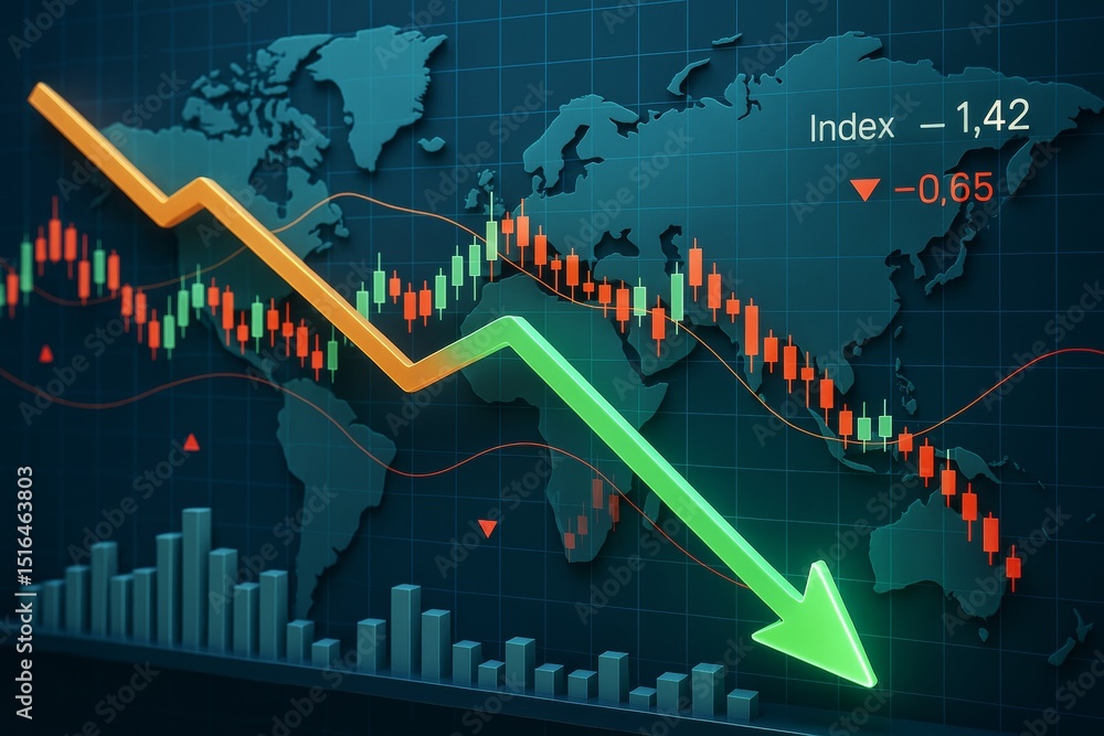 Poster global financial market crash concept with declining chart, green arrow, and candlestick indicators 