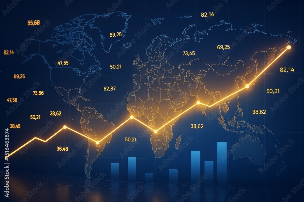 Poster Global business data chart with glowing line graph and bar graph on dark world map background, showing economic growth trends in abstract style.