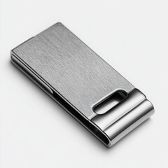 A modern stainless steel money clip with a brushed finish and sleek design