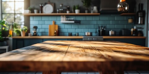 Sunlit Kitchen with Wood Table and Brick Backsplash