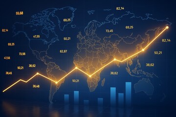 Global business data chart with glowing line graph and bar graph on dark world map background, showing economic growth trends in abstract style.