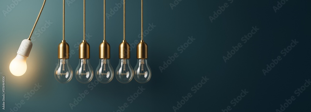 Poster Hanging lightbulbs with one illuminated, set against a dark gradient background for business or innovation concept with copy space on the right.