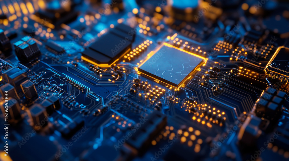 Poster close-up view of a microprocessor on a circuit board illuminated with glowing connections