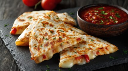 Delicious cheesy quesadillas filled with melted cheese and vibrant red peppers served with fresh salsa in a rustic setting perfect for casual dining and snack enjoyment
