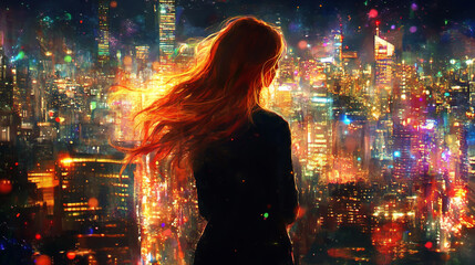 A Young Woman with Flowing Auburn Hair Stands Gracefully Amidst the Vibrant Glow of City Lights at Night
