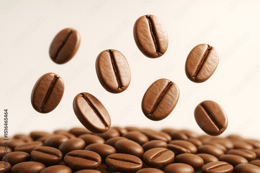 Poster floating roasted coffee beans above a pile on light background in abstract artistic style concept of