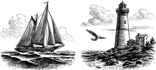 Fototapeta premium Vintage nautical illustration of sailboat at sea and lighthouse scene for coastal decor