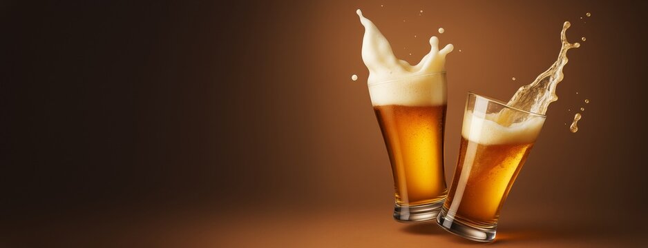 Two splashing beer glasses with foam against brown gradient background for drink advertising and promotional design templates and mockups.