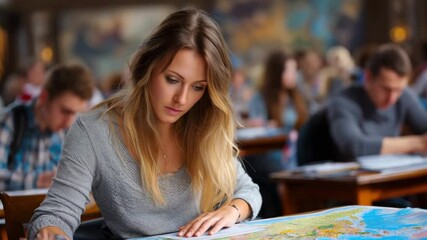 A student focuses on a map during a classroom geography lesson, surrounded by peers in a study environment.