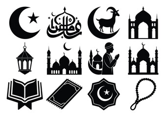 Islamic Religious Icons Silhouette Set Mosque, Prayer, Ramadan, Eid, Quran
