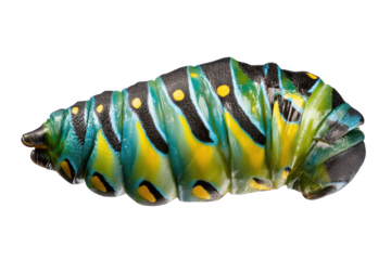 Vibrant Caterpillar Close-Up A Detailed View of a Larva's Striking Green, Yellow, and Blue Patterning