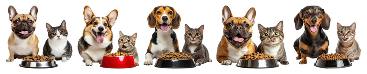PNG Dogs cats eating together happily, element set on transparent background