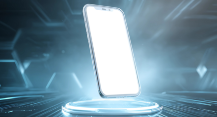 Concept art of transparent white phone floating in digital environment.