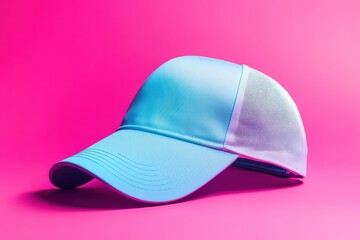 Fototapeta premium A light-blue baseball cap angled on a pink background.