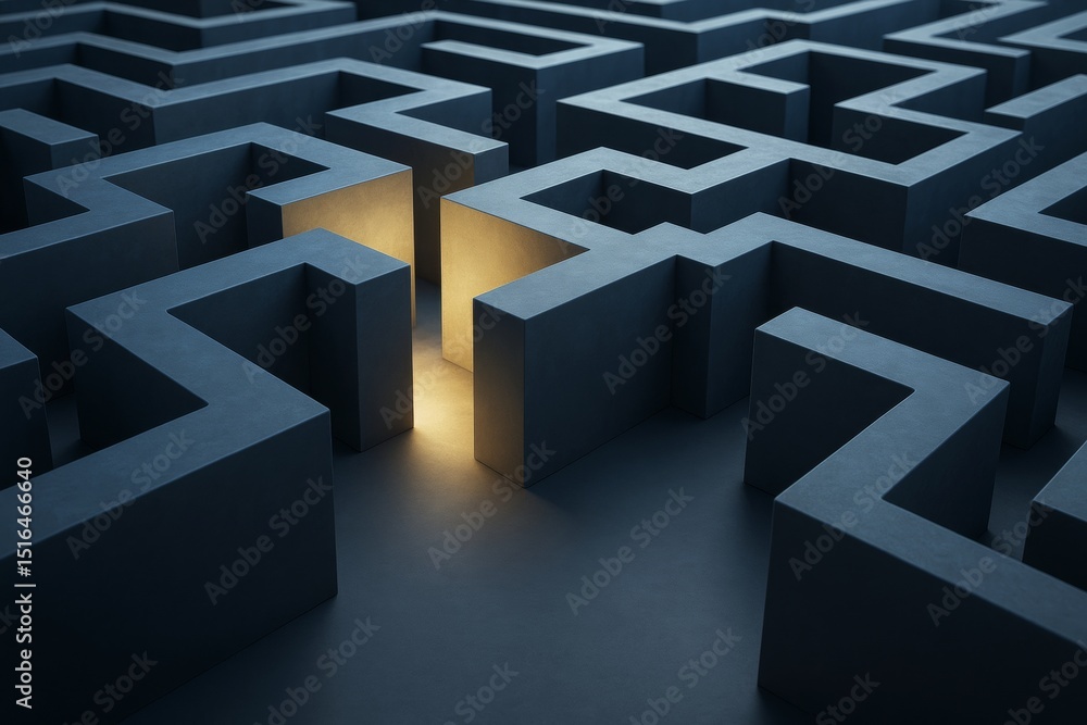 Poster Abstract dark maze with glowing light path highlighting concept of solution and direction on minimal background in modern graphic style.