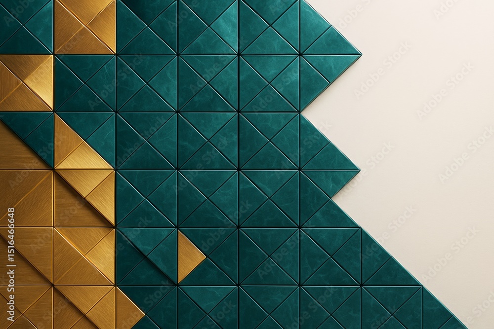 Poster Abstract geometric background with teal and gold triangle tiles forming a modern minimalist pattern on a light surface. Ai generative.