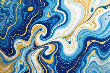 Fototapeta premium Abstract swirling blue, white, and gold marbled pattern with flowing lines and speckled details, evoking a sense of movement and cosmic energy.