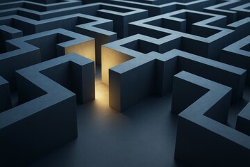 Abstract dark maze with glowing light path highlighting concept of solution and direction on minimal background in modern graphic style.