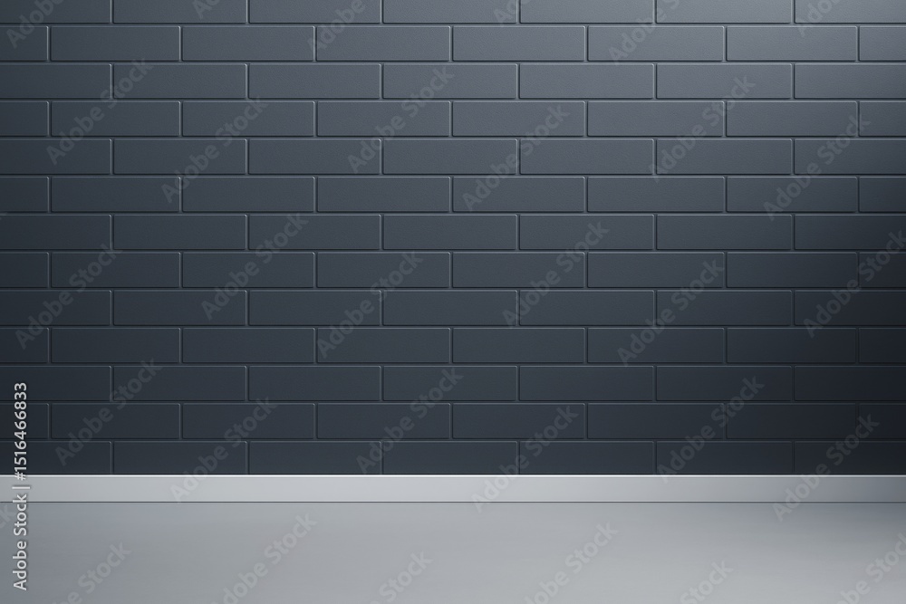 Poster Dark tiled wall with baseboard and smooth floor in minimal light, clean interior backdrop with subtle shadows and modern graphic style.