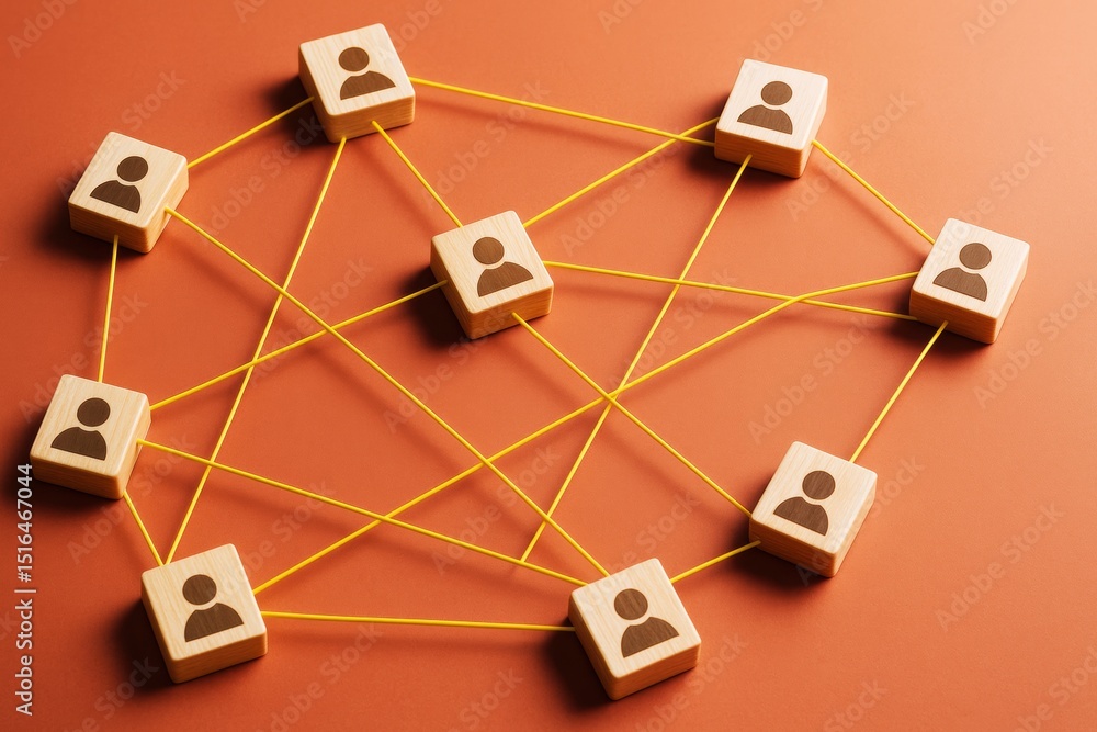 Poster Wooden blocks with person icons connected by yellow strings on orange background showing communication network concept in light graphic style.