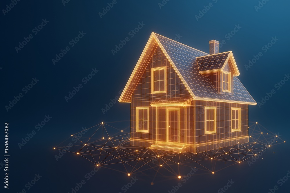 Poster Futuristic glowing wireframe house model surrounded by connected network dots on a dark blue background with digital light grid concept.