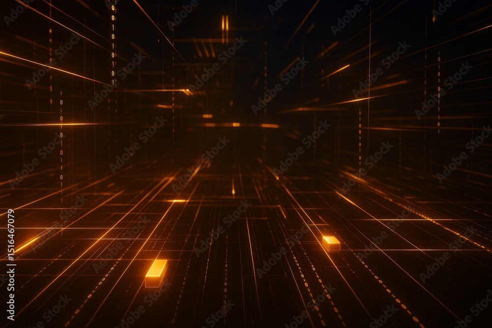 Poster Abstract glowing orange digital grid background with binary code and light streaks on dark futuristic backdrop. Ai generative.