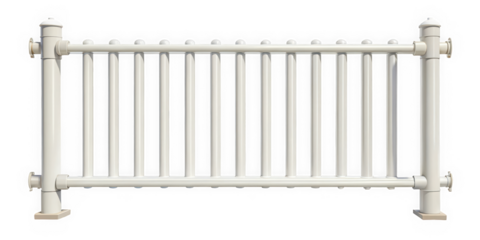 A white, elegant railing with vertical bars and decorative elements, showcasing a modern and minimalistic design suitable for various settings.