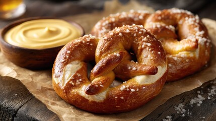 Freshly baked pretzels with coarse salt served on rustic parchment paper with a side of smooth yellow mustard dip in a cozy bakery setting