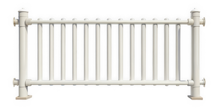 A white, elegant railing with vertical bars and decorative elements, showcasing a modern and minimalistic design suitable for various settings.