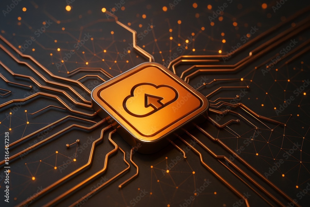 Aufkleber Futuristic cloud upload icon with glowing circuit lines on dark background, symbolizing digital data transfer and cloud technology concept.