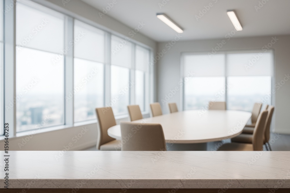 Poster modern office meeting room with large windows, bright lighting, and empty chairs around a table with