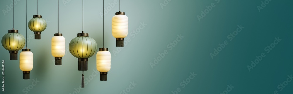 Poster Hanging oriental paper lanterns glowing warmly on left side with gradient teal background and empty copyspace for creative design or promotion.