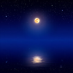 Obraz premium Full moon over calm water at night with stars
