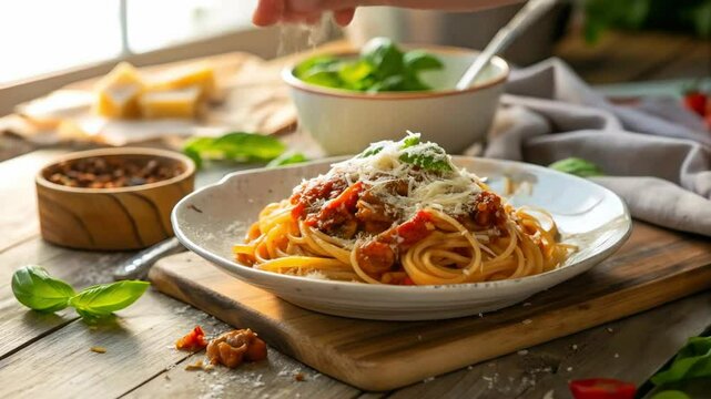 Delicious Italian spaghetti with tomato sauce, basil, and parmesan, a classic pasta dish perfect for any meal animation video