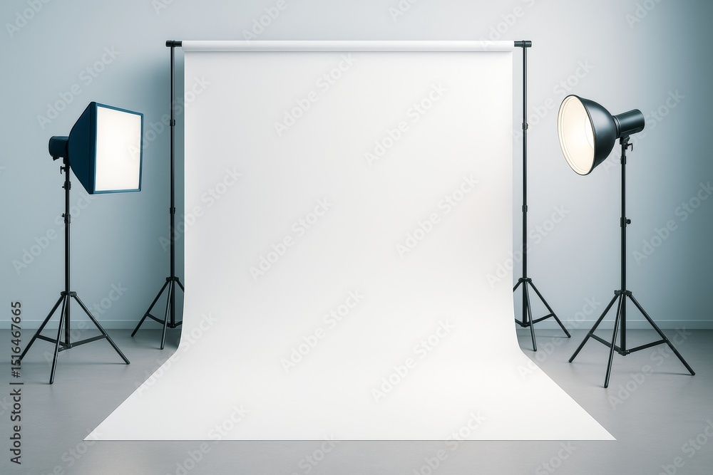 Poster professional photo studio setup with white backdrop and lighting equipment on smooth floor for clean