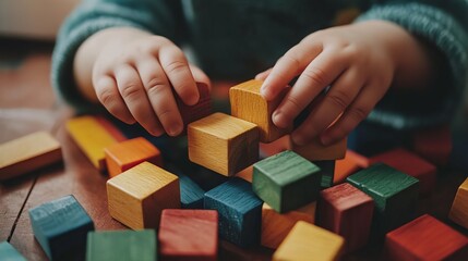 A Montessori child uses colorful wooden blocks to learn colors, shapes, and sorting.  The close-up shows small hands actively engaging with these educational toys