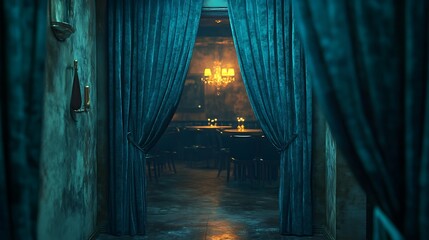 Mysterious elegant dining room seen through blue velvet curtains in dim lighting