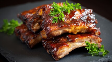 Juicy barbecued pork ribs glazed with smoky barbecue sauce garnished with fresh herbs served on a black plate for a delicious meal